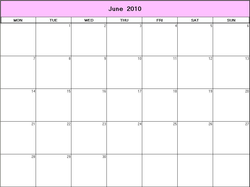 printable blank calendar image for June 2010