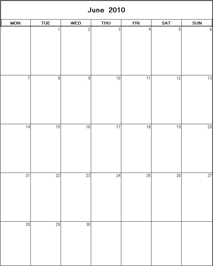 printable blank calendar image for June 2010