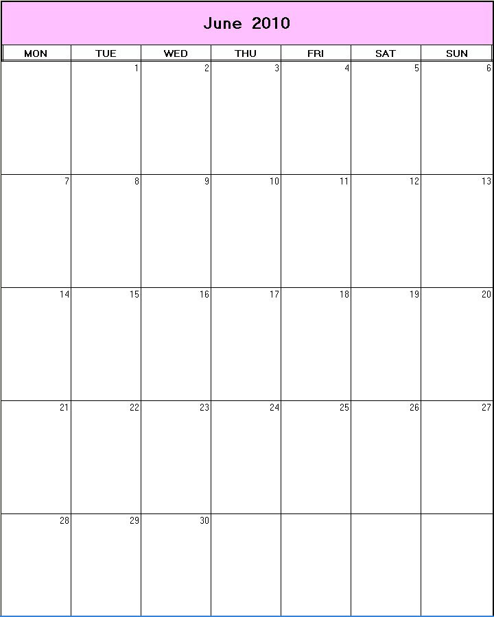 printable blank calendar image for June 2010