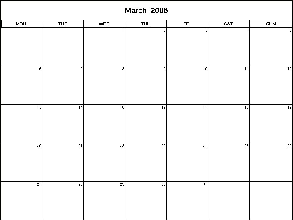printable blank calendar image for March 2006
