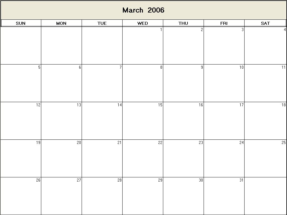 printable blank calendar image for March 2006