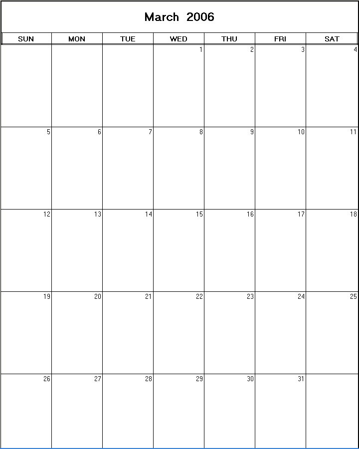 printable blank calendar image for March 2006