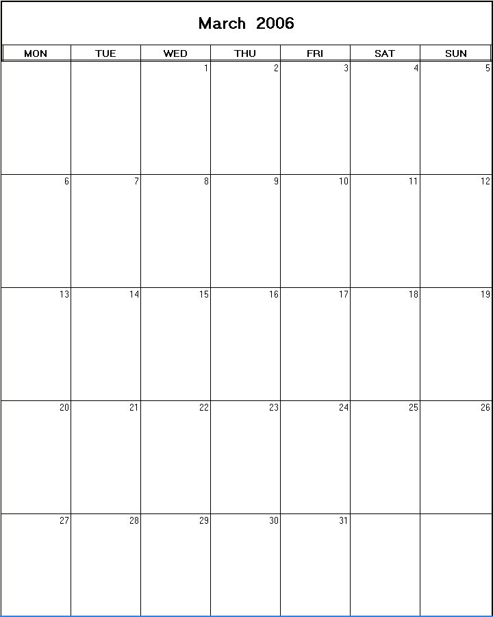 printable blank calendar image for March 2006