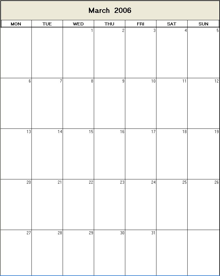 printable blank calendar image for March 2006