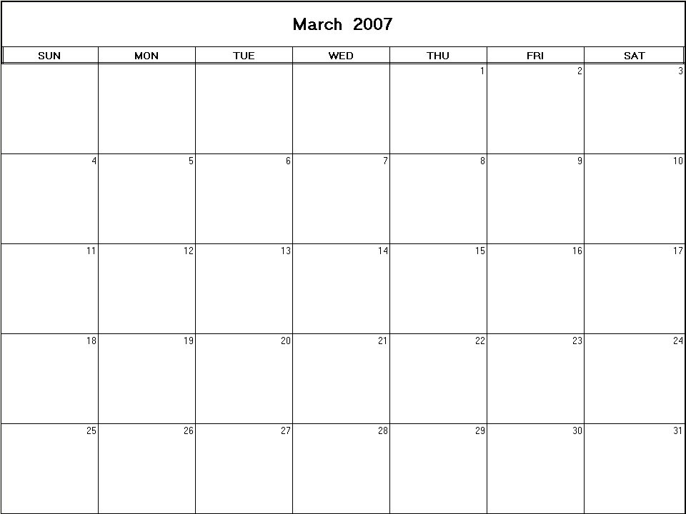 printable blank calendar image for March 2007