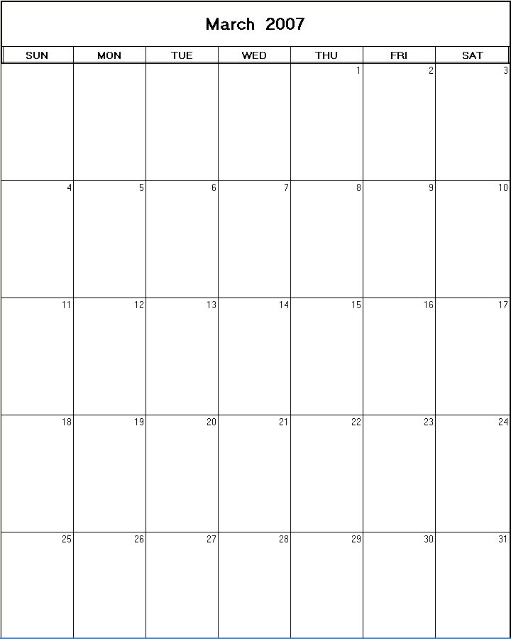 printable blank calendar image for March 2007