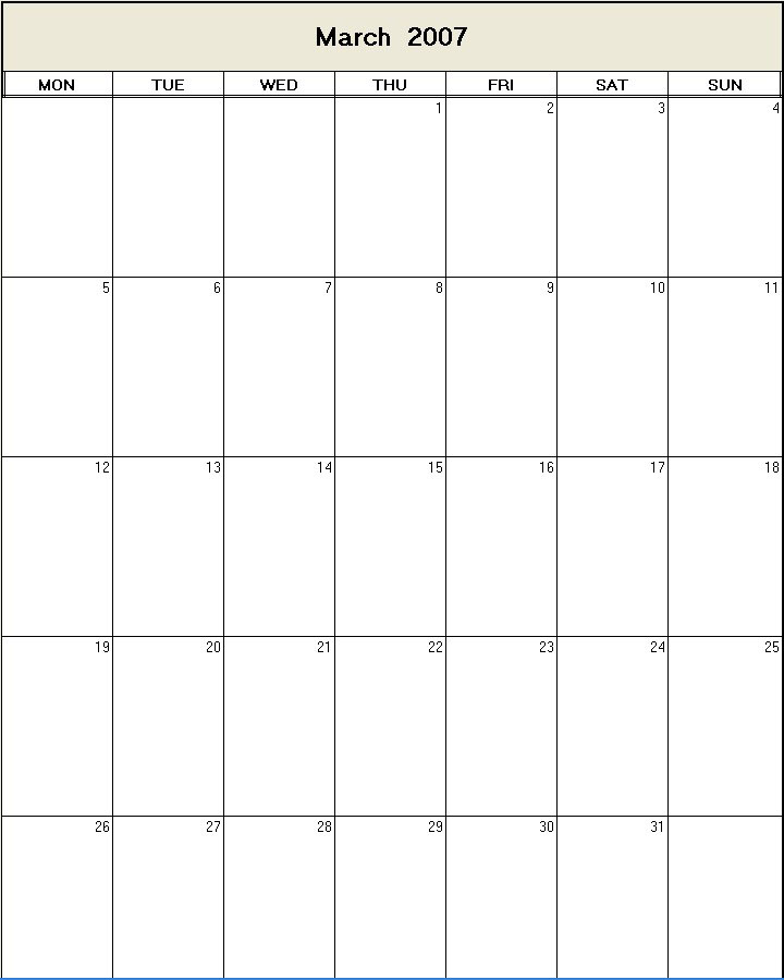 printable blank calendar image for March 2007