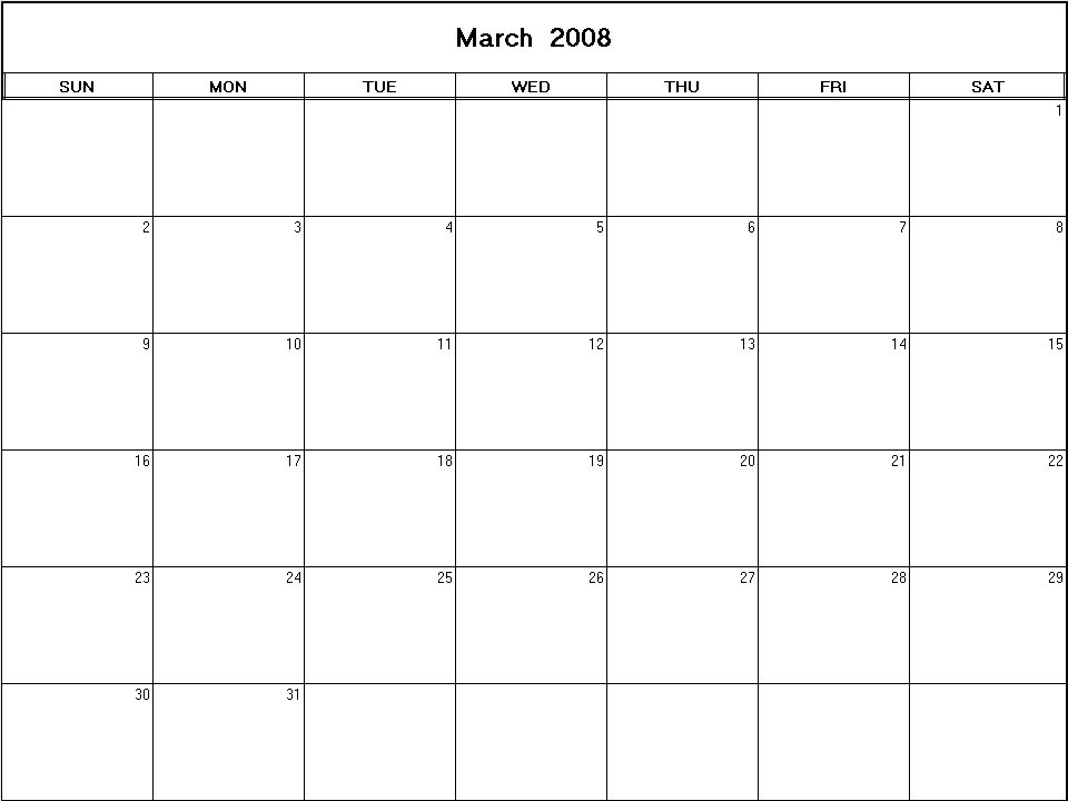 printable blank calendar image for March 2008