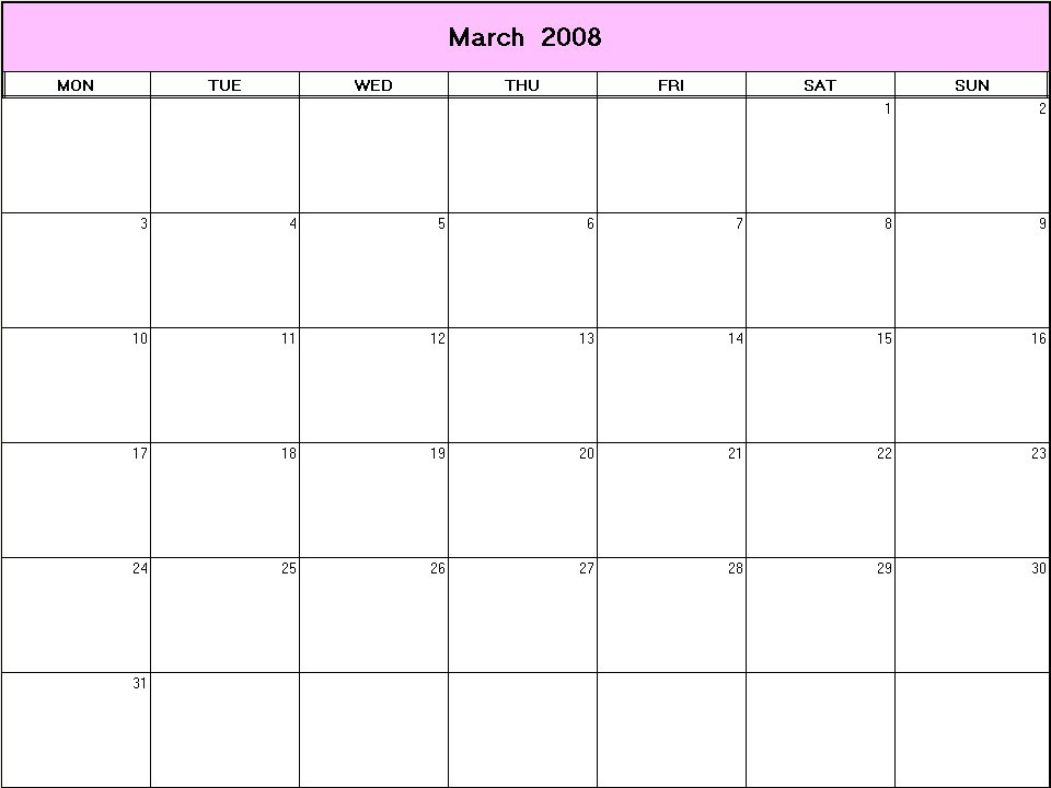 printable blank calendar image for March 2008