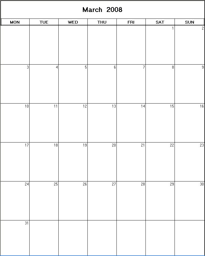printable blank calendar image for March 2008