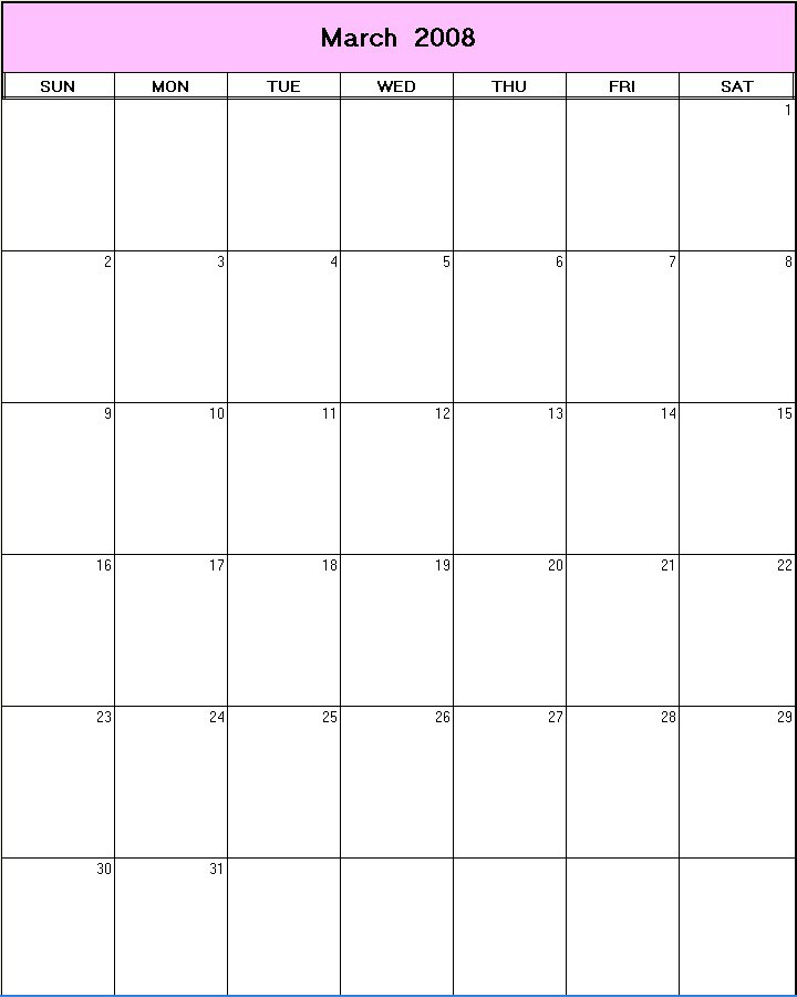 printable blank calendar image for March 2008