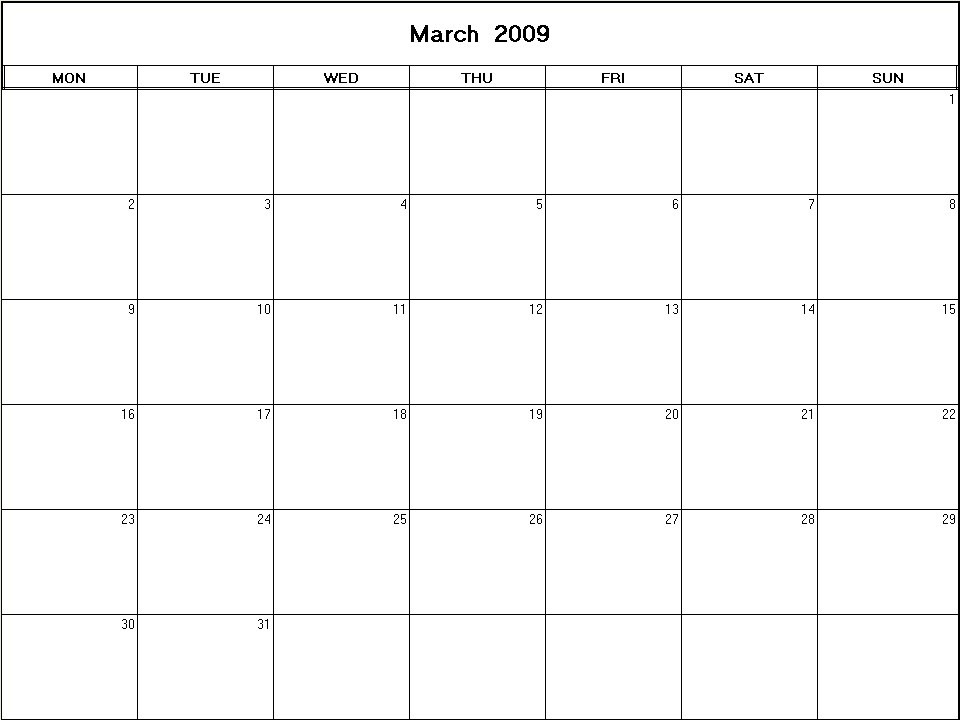 printable blank calendar image for March 2009