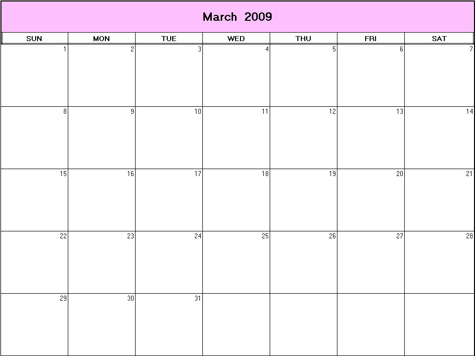 printable blank calendar image for March 2009