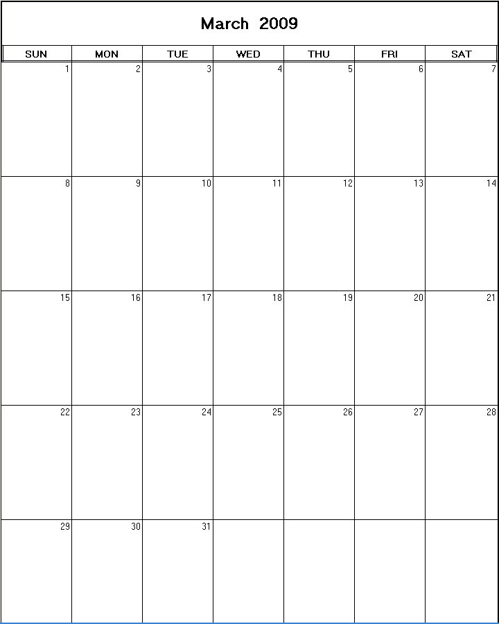 printable blank calendar image for March 2009