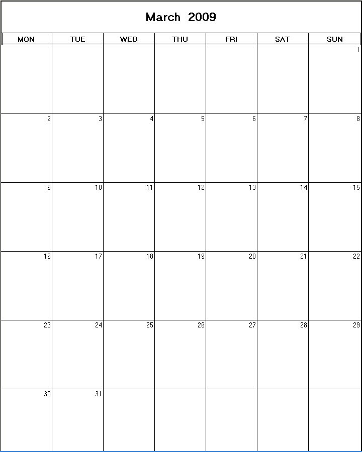 printable blank calendar image for March 2009