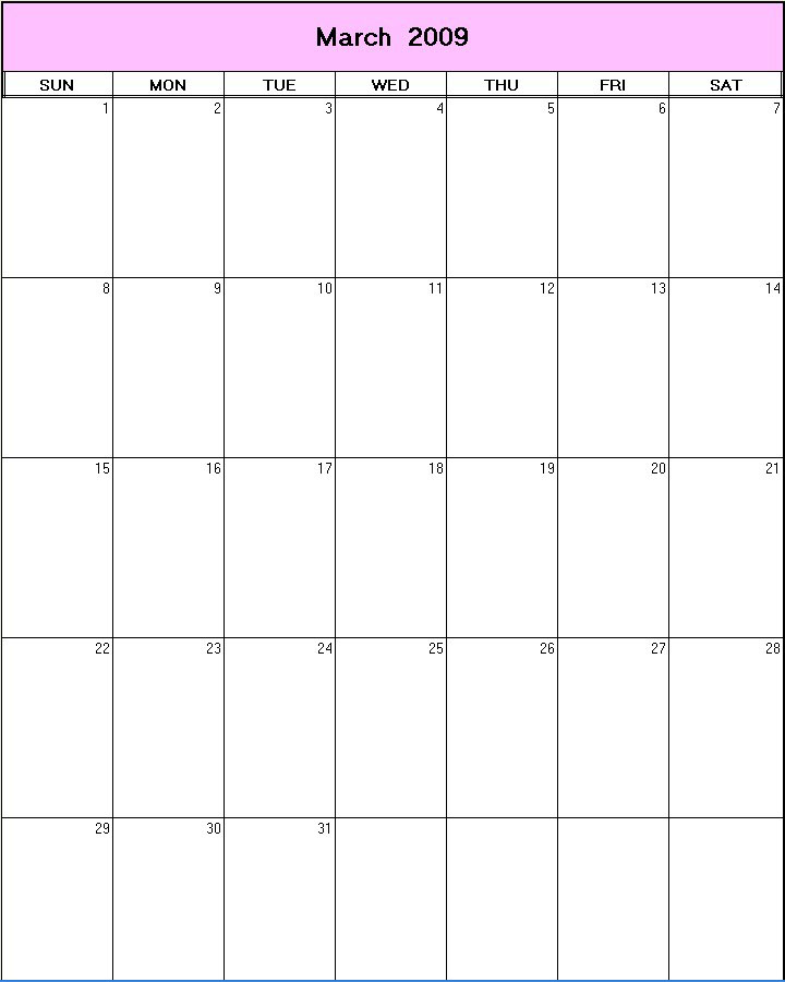 printable blank calendar image for March 2009