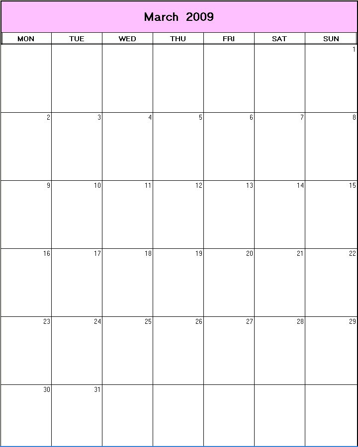 printable blank calendar image for March 2009