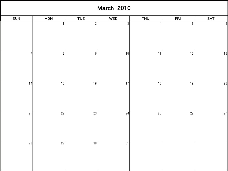 printable blank calendar image for March 2010