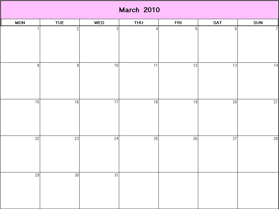 printable blank calendar image for March 2010