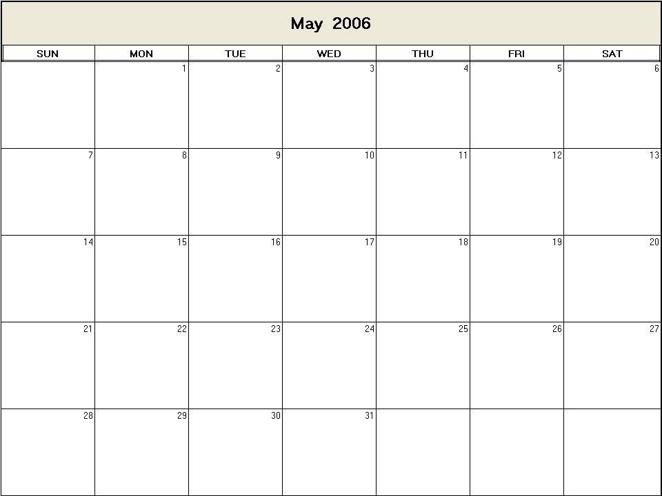 printable blank calendar image for May 2006