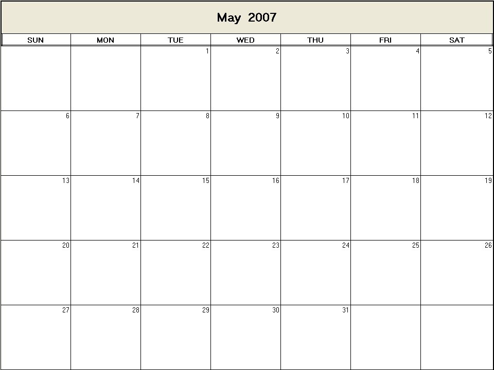 printable blank calendar image for May 2007