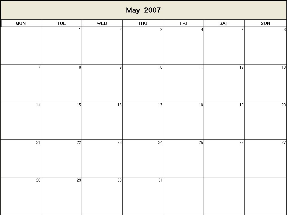 printable blank calendar image for May 2007