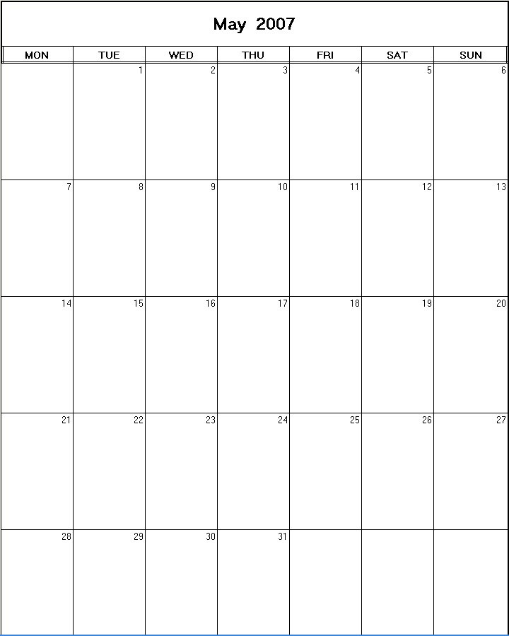 printable blank calendar image for May 2007