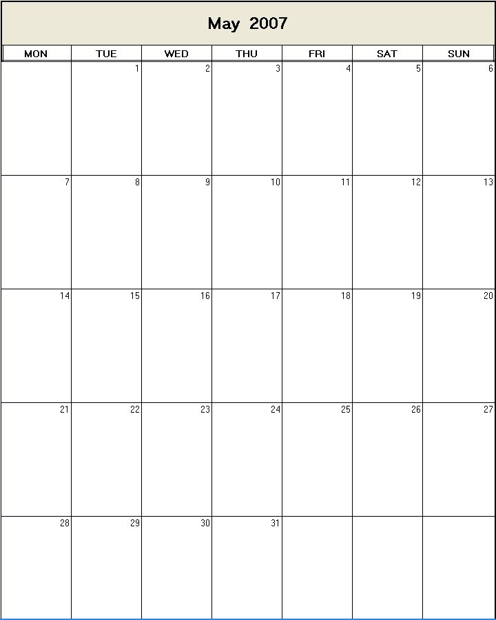 printable blank calendar image for May 2007