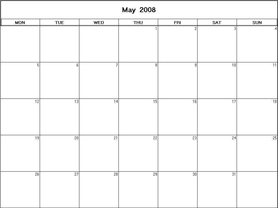 printable blank calendar image for May 2008