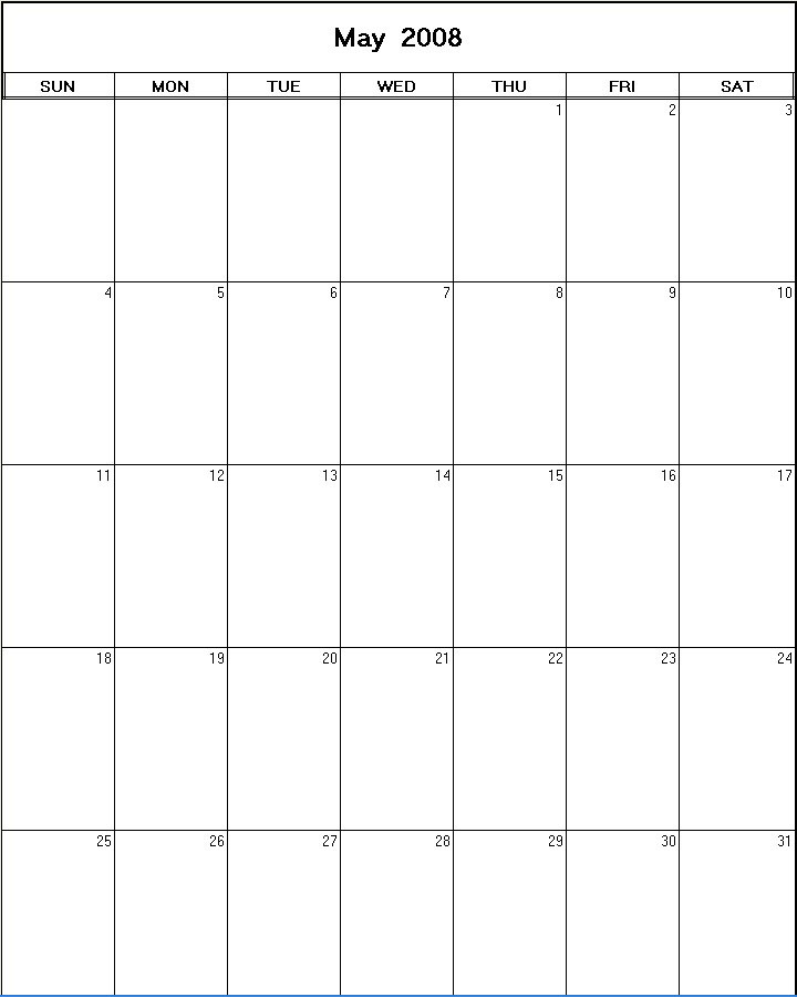 printable blank calendar image for May 2008
