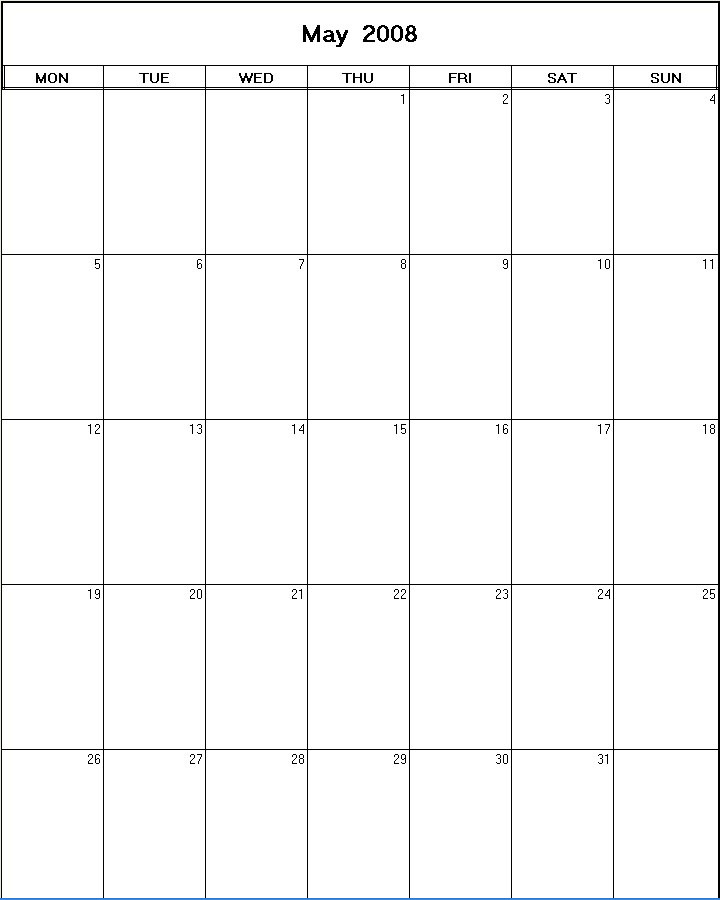 printable blank calendar image for May 2008