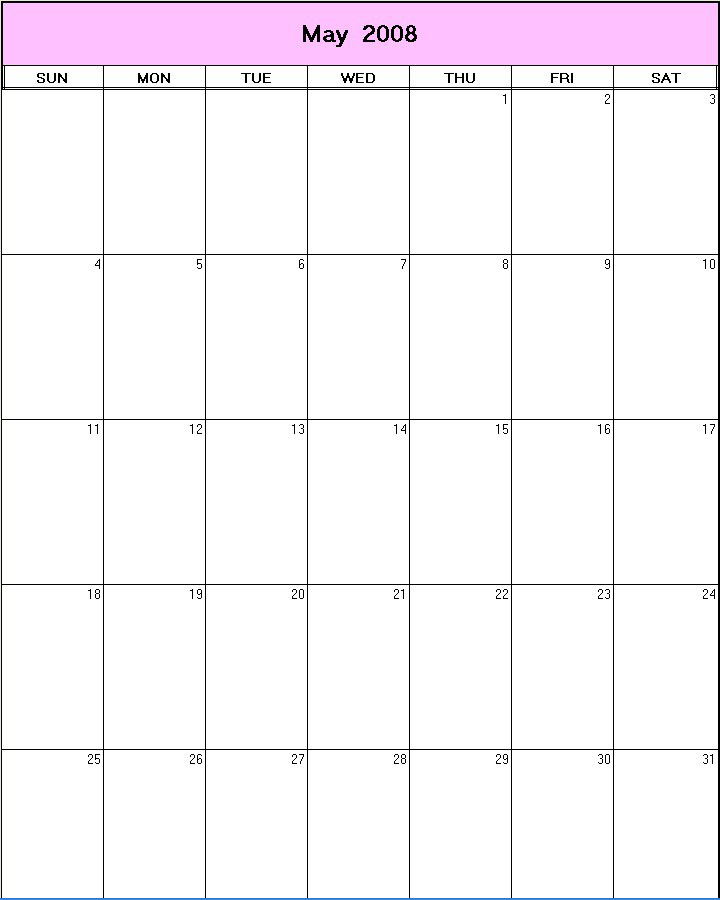 printable blank calendar image for May 2008