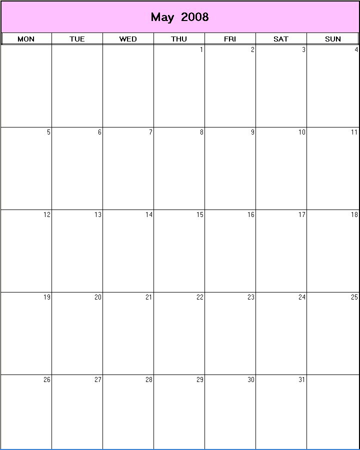 printable blank calendar image for May 2008