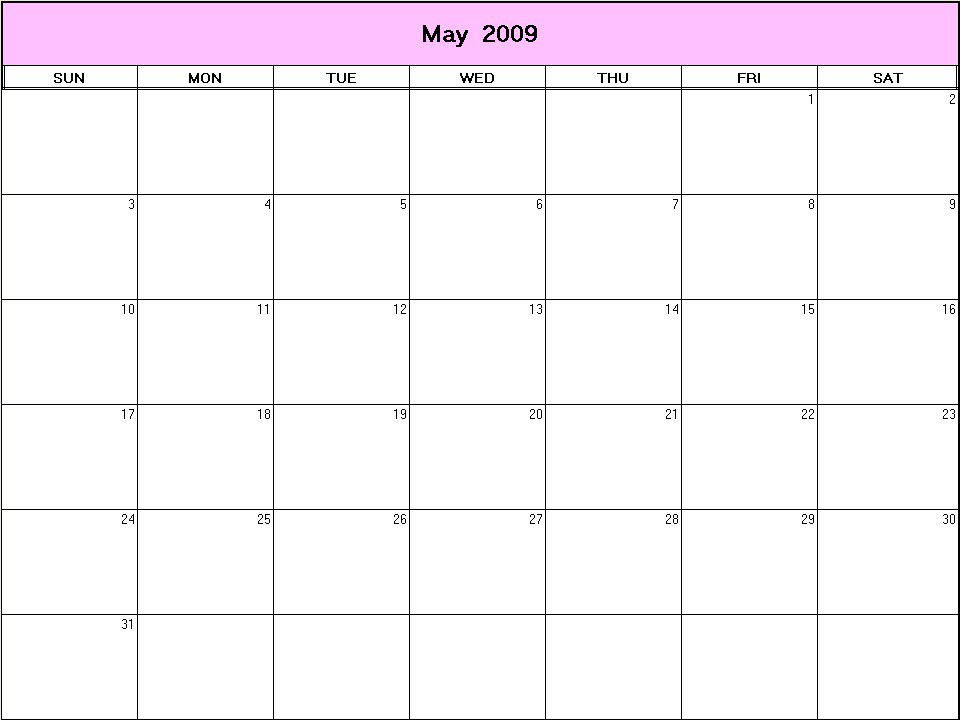 printable blank calendar image for May 2009