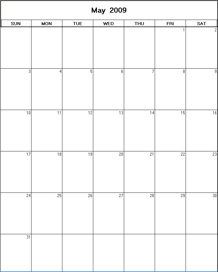 printable blank calendar image for May 2009