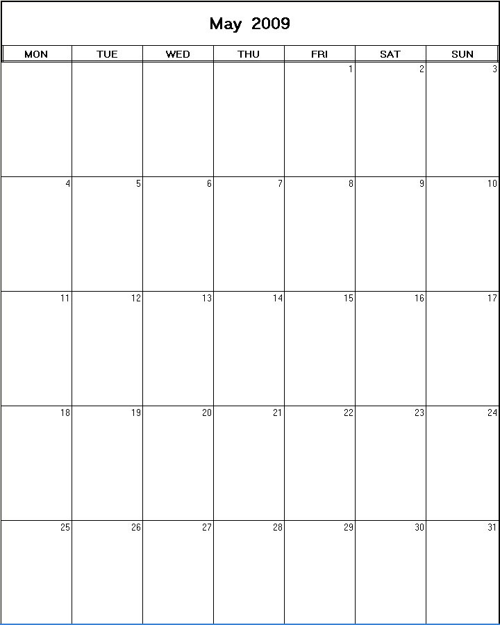 printable blank calendar image for May 2009