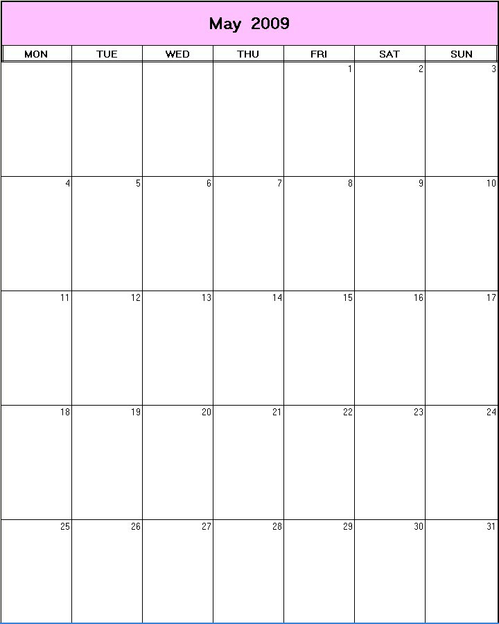 printable blank calendar image for May 2009