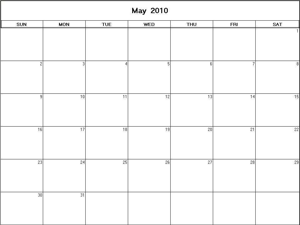 printable blank calendar image for May 2010