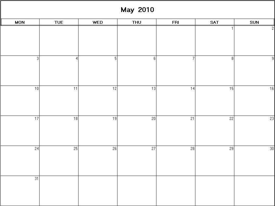 printable blank calendar image for May 2010