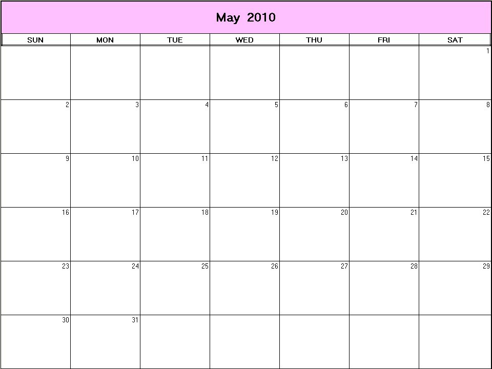 printable blank calendar image for May 2010