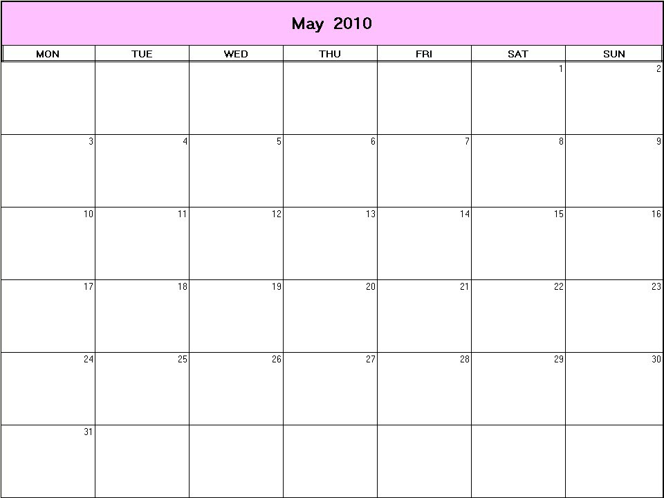 printable blank calendar image for May 2010