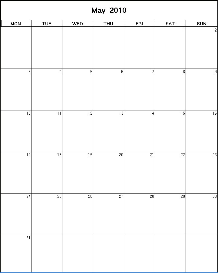 printable blank calendar image for May 2010