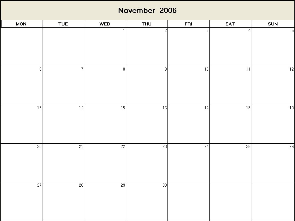 printable blank calendar image for November 2006