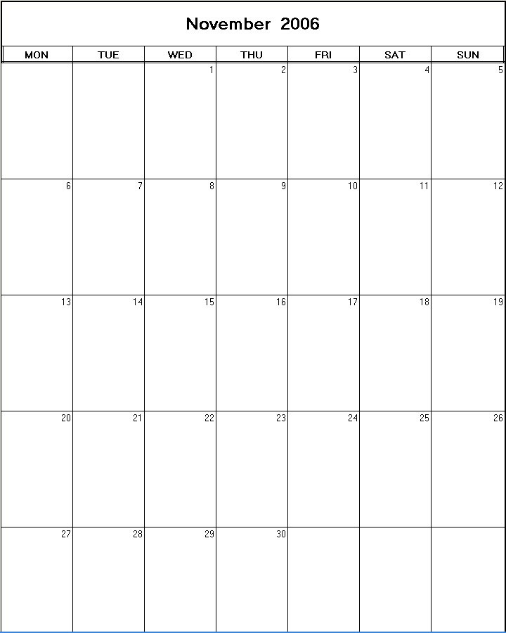 printable blank calendar image for November 2006