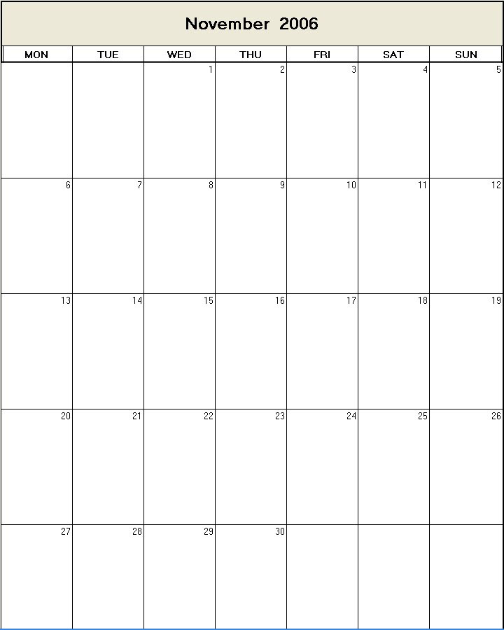printable blank calendar image for November 2006