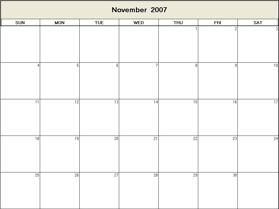 printable blank calendar image for November 2007