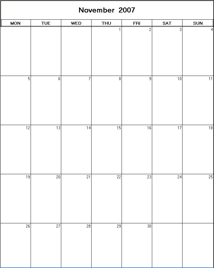 printable blank calendar image for November 2007