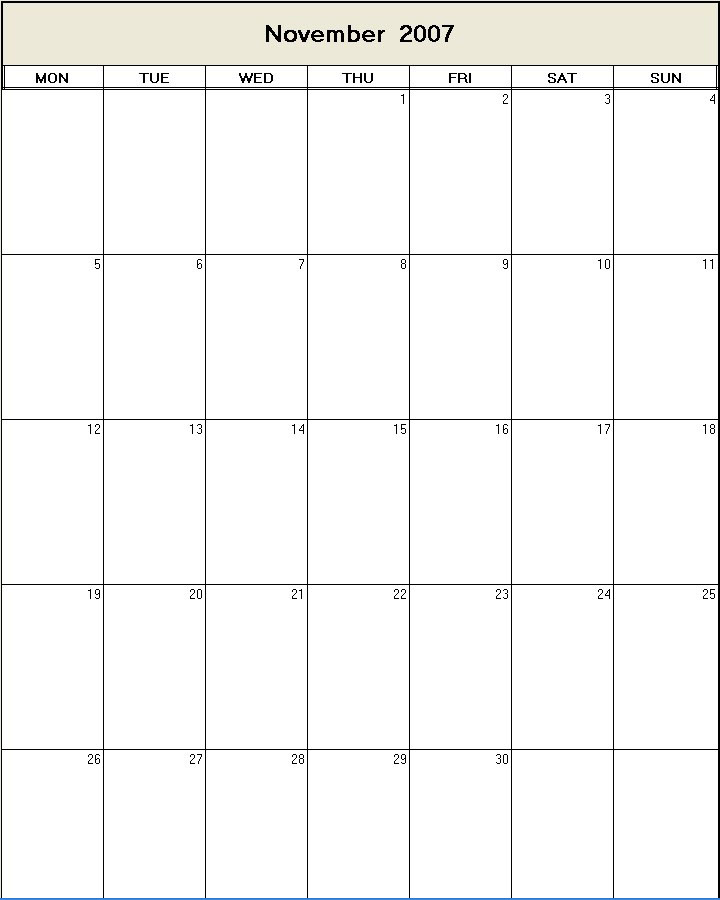 printable blank calendar image for November 2007