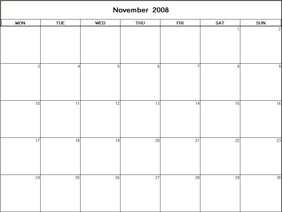 printable blank calendar image for November 2008