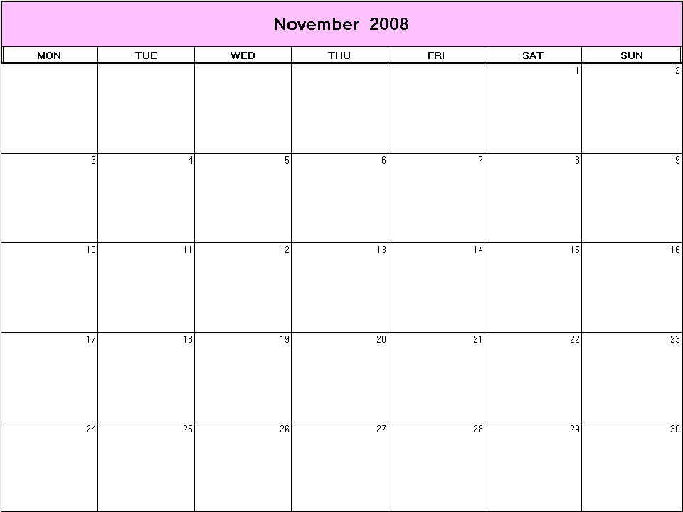 printable blank calendar image for November 2008